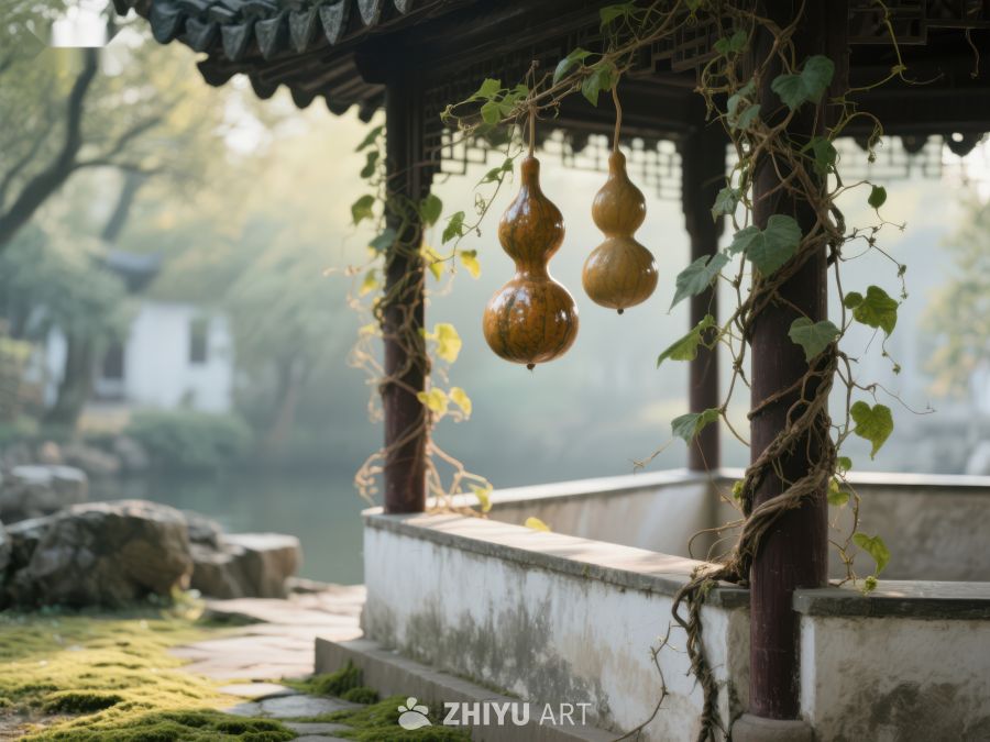 古亭藤蔓挂葫芦，静谧园林景 114