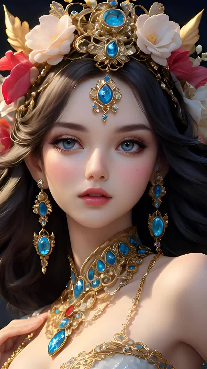 一个女性，有着深色长波浪头发，佩戴着金色镶嵌蓝色宝