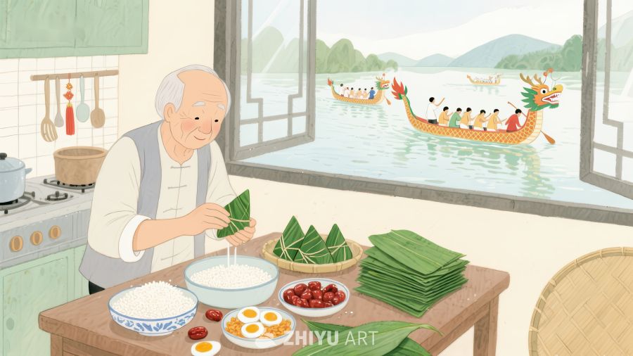 老人包粽子，窗外龙舟竞渡 220