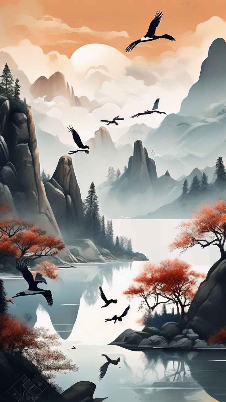 国风鹤山水风景插画 16