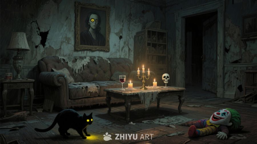 阴森客厅中的诡异场景