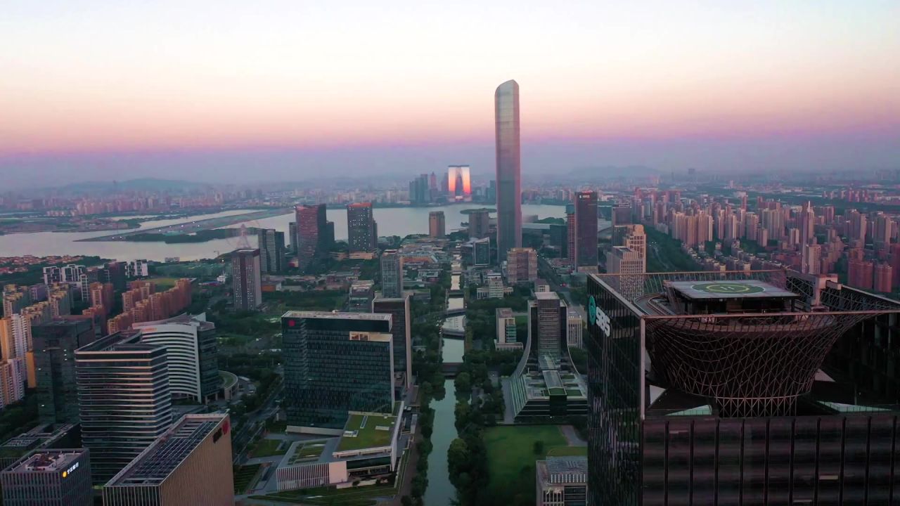 高清航拍清晨苏州城市全景