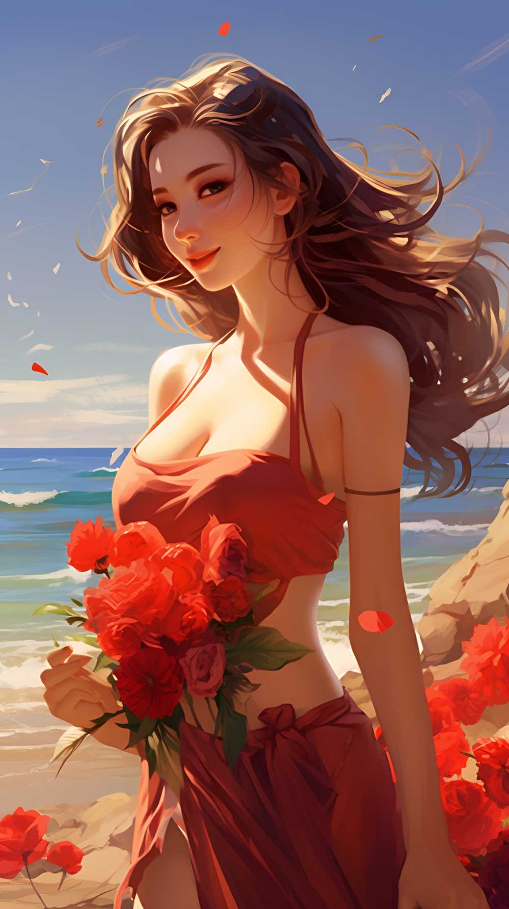 手拿花花的插画美女
