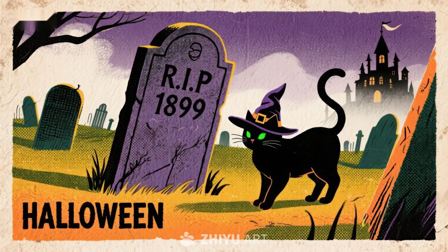 万圣节墓地黑猫插画