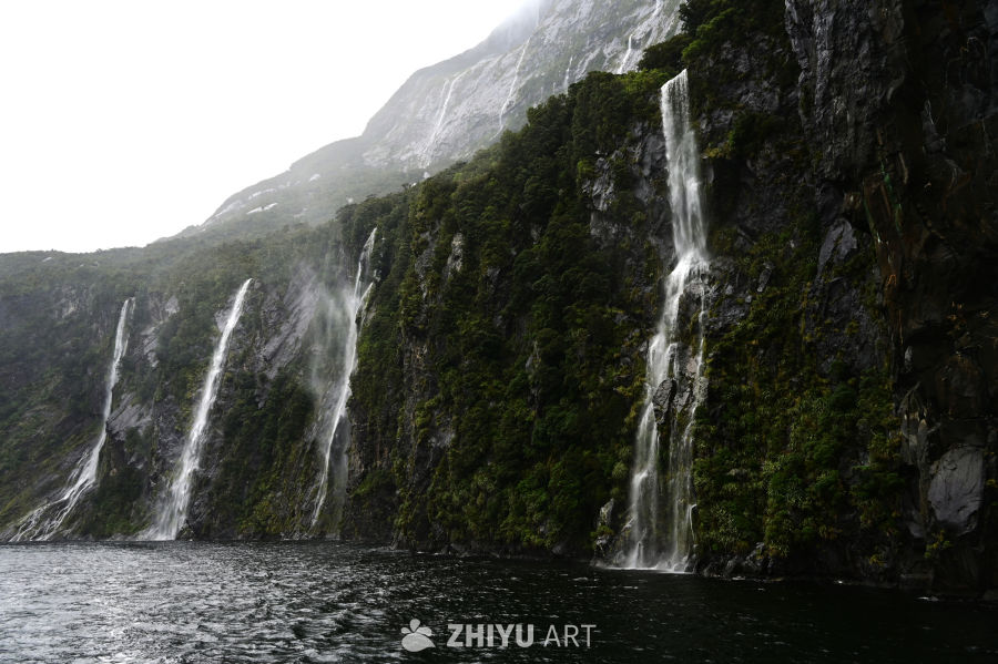 新西兰南岛阴雨中米尔福德峡湾的高大瀑布和峡湾风光 3