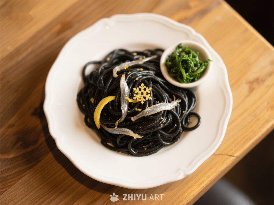 黑墨鱼汁意面配银鱼和香草