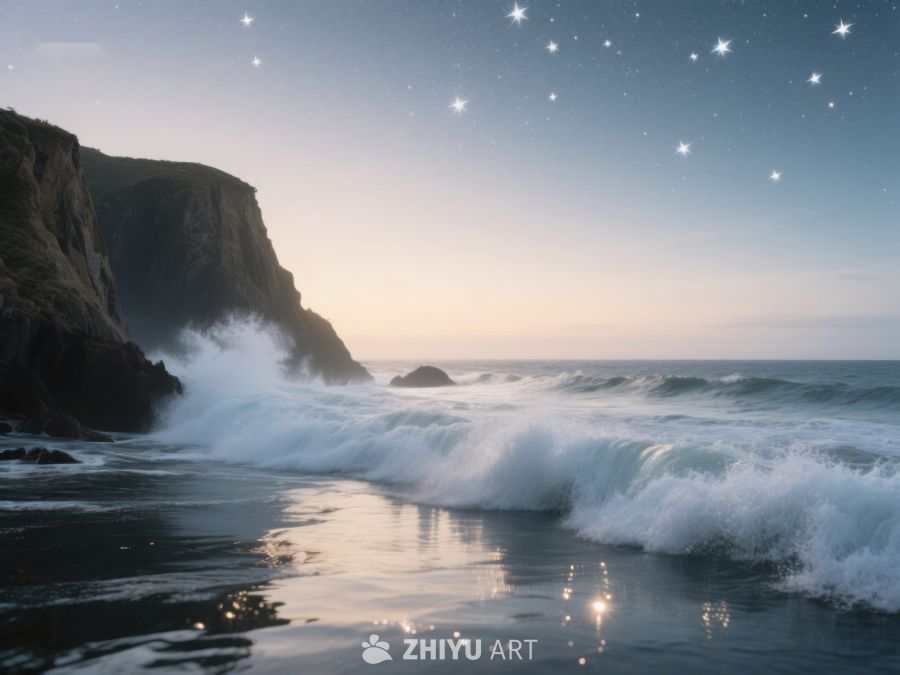 星空下的海浪拍打悬崖 179