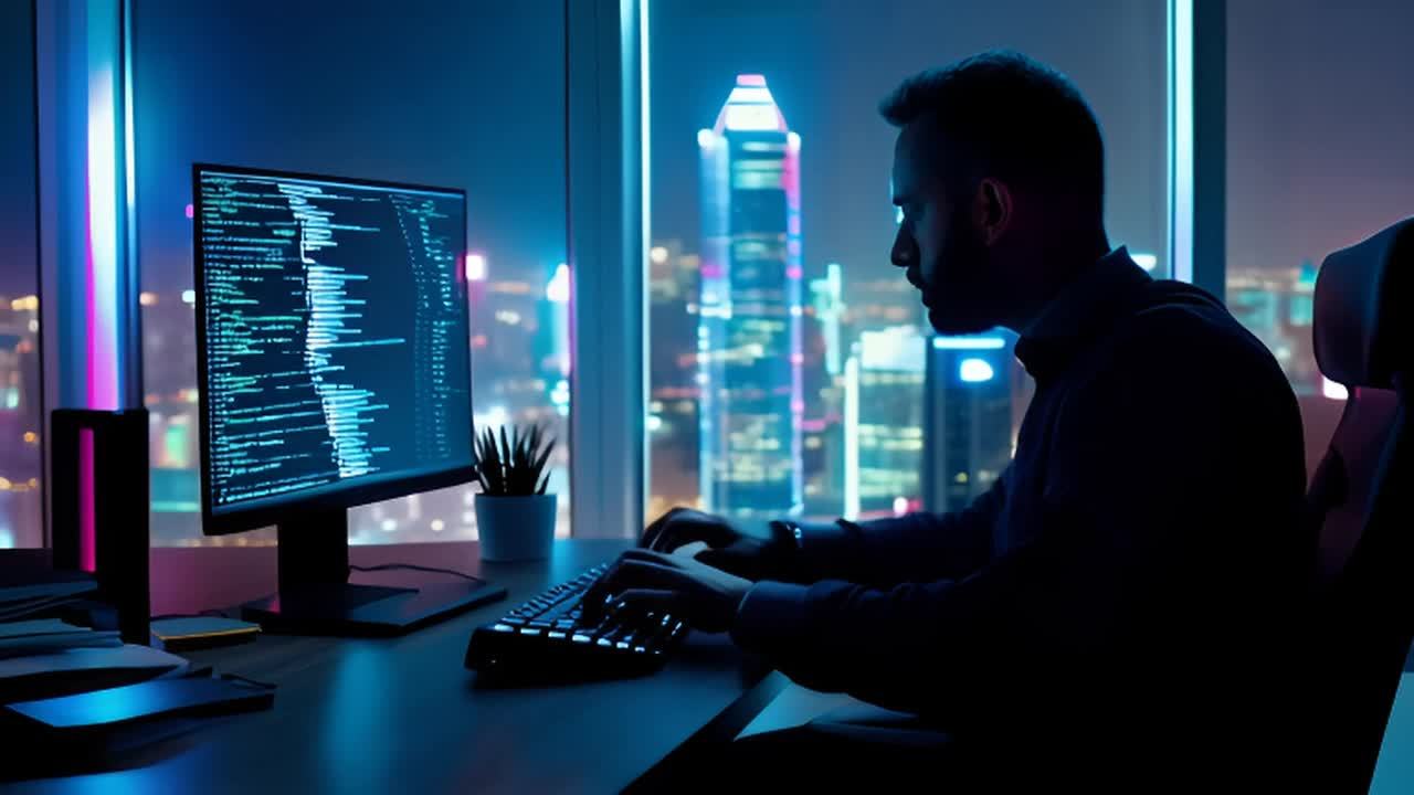 一个人坐在电脑前，正在操作键盘。电脑屏幕上显示着代