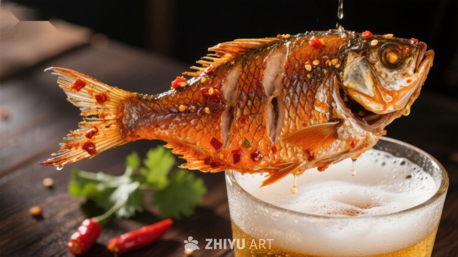 香辣烤鱼配啤酒，美味诱人