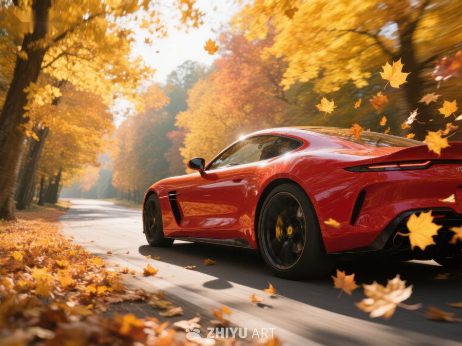 红色跑车穿梭秋日林间 111