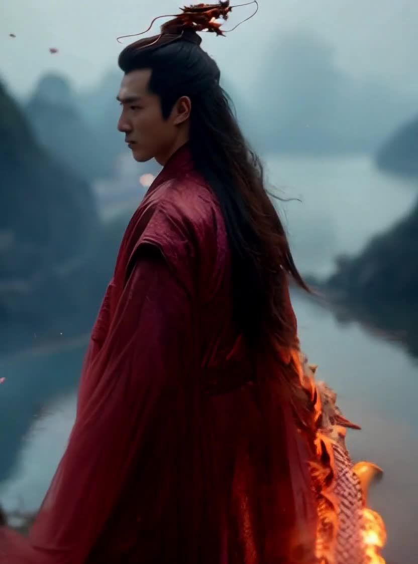 红衣古装男子立于山水间，火焰燃起。