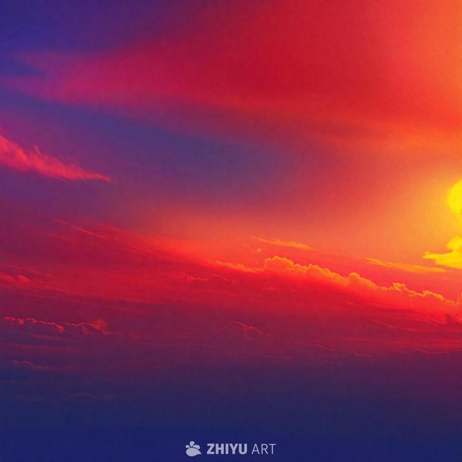 天空呈现出红色、橙色和紫色的混合色调。太阳位于图像