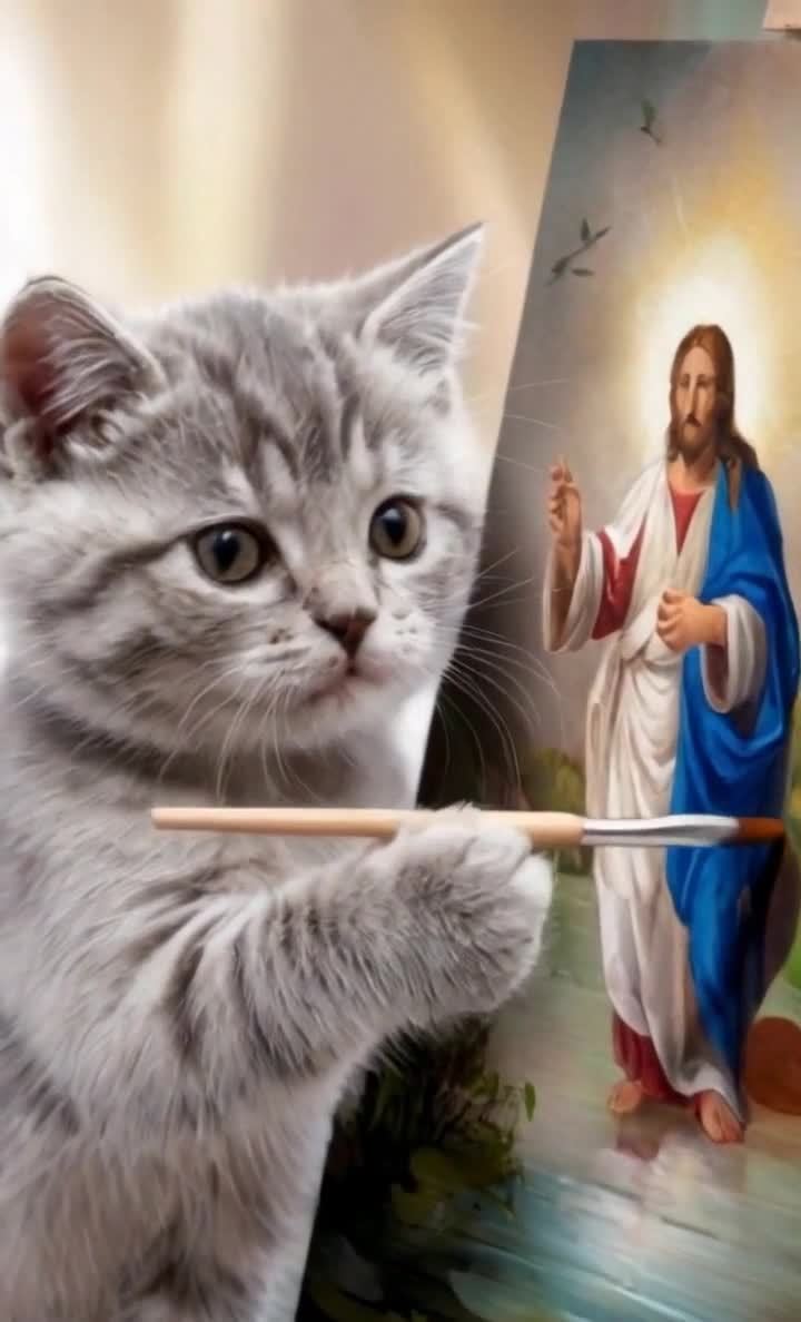 猫咪绘画耶稣画像，艺术家猫咪的创作