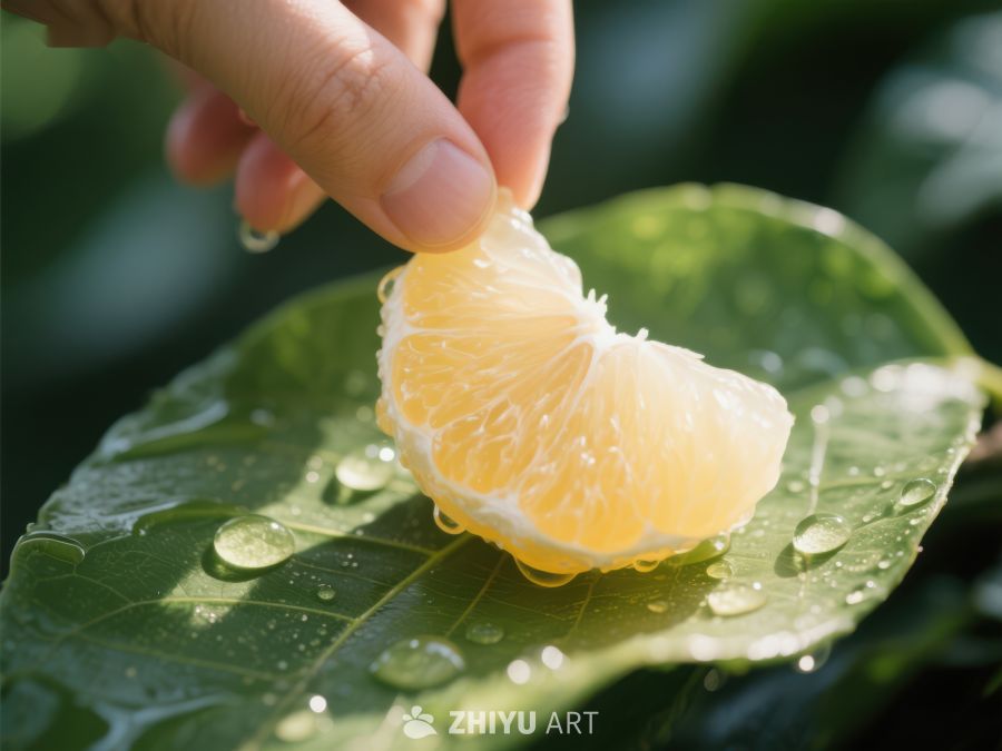 手握柑橘果肉置于绿叶之上 559