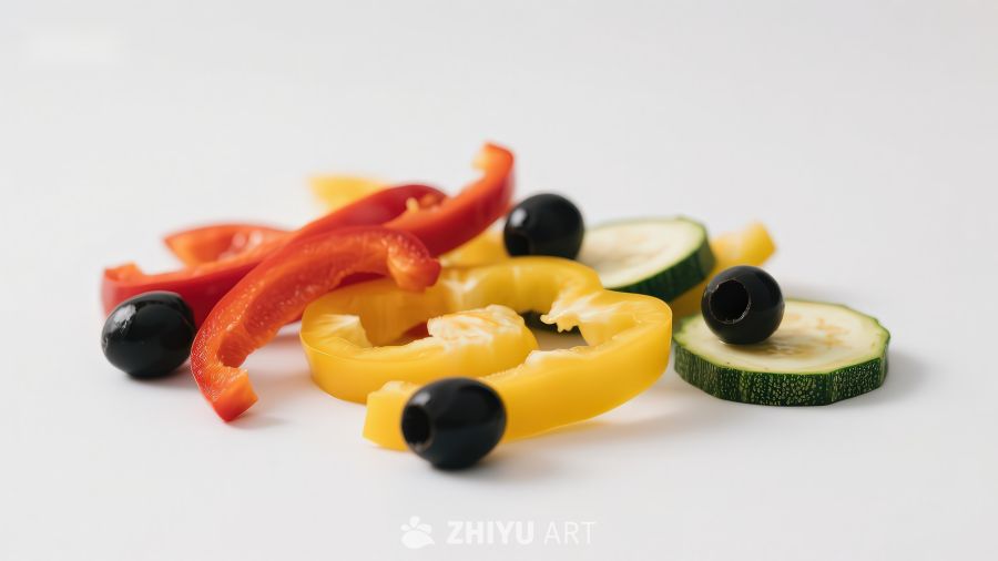 切片蔬菜与黑橄榄