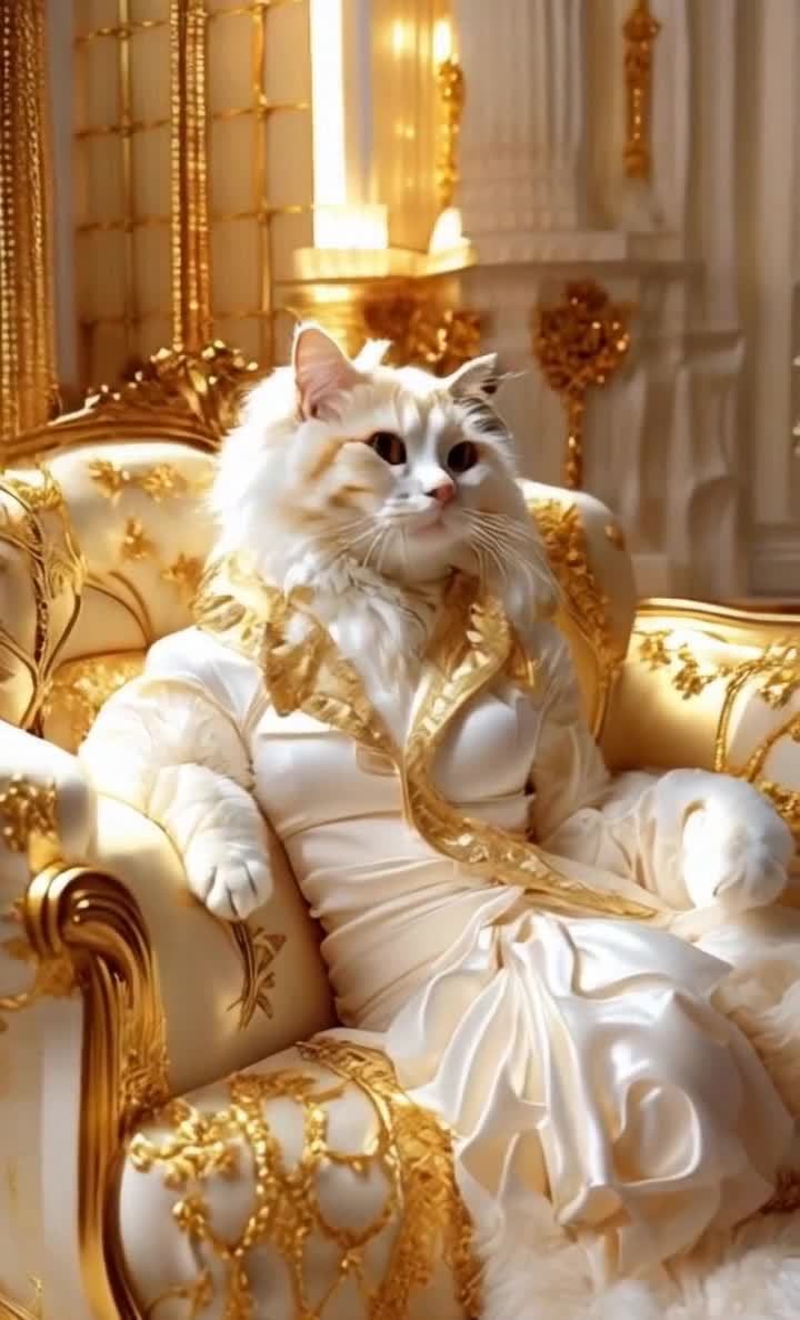 华服加身的猫咪在奢华金色扶手椅上休憩