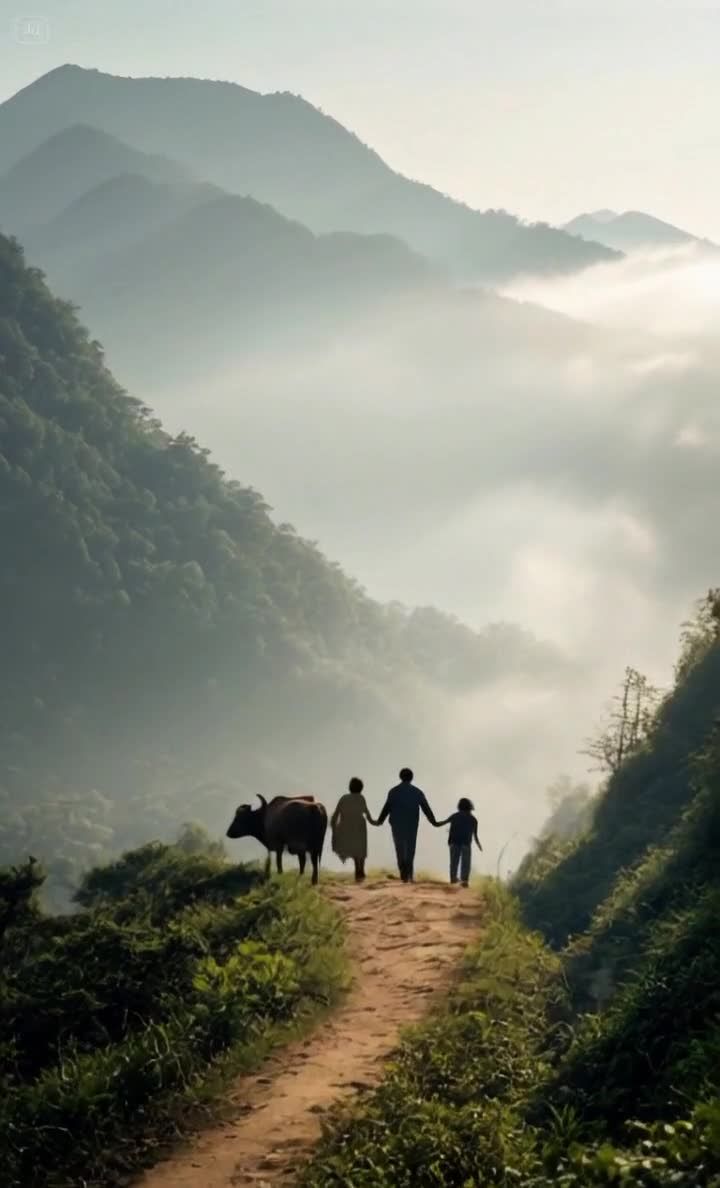 一家三口牵手同行山路，牛儿相伴远山迷雾。