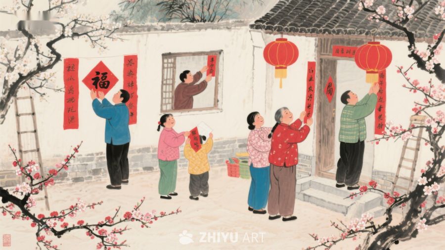 家庭欢庆春节，挂灯笼贴对联 492