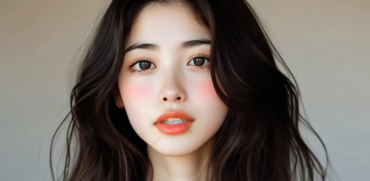 棕眼黑发橙唇女性面部特写画像