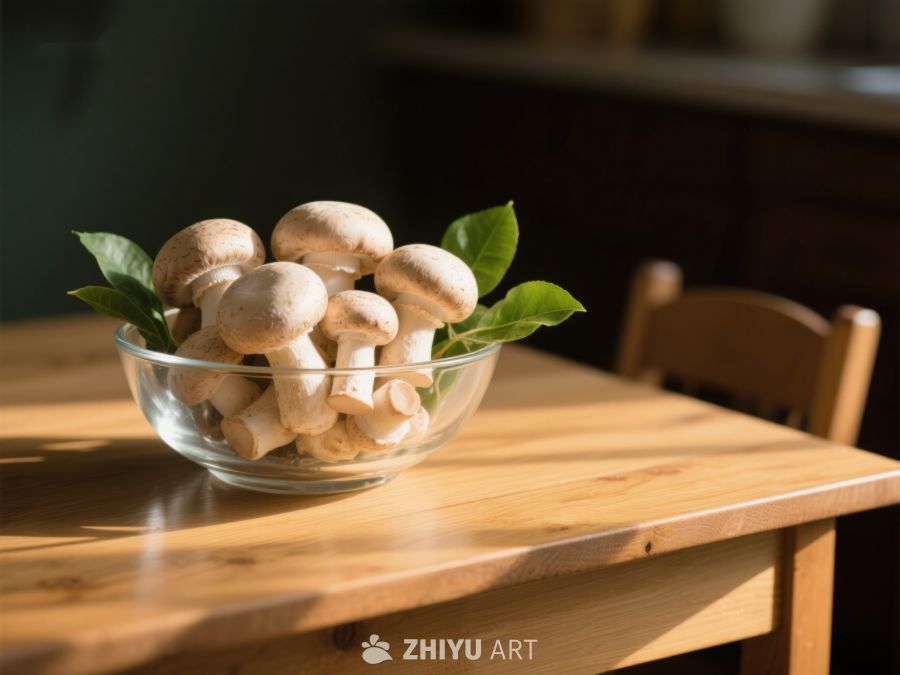 玻璃碗中的新鲜蘑菇与绿叶 20