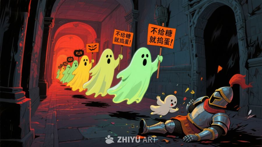 万圣节幽灵讨糖，骑士惊恐倒地