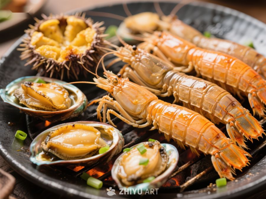 海鲜烧烤：虾蛄鲍鱼海胆美味