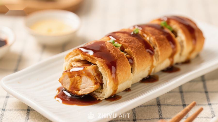 酱汁淋面的酥皮鸡肉卷