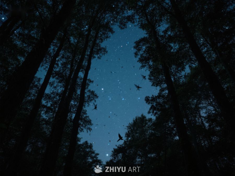 夜空下的森林与飞翔的鸟群 364
