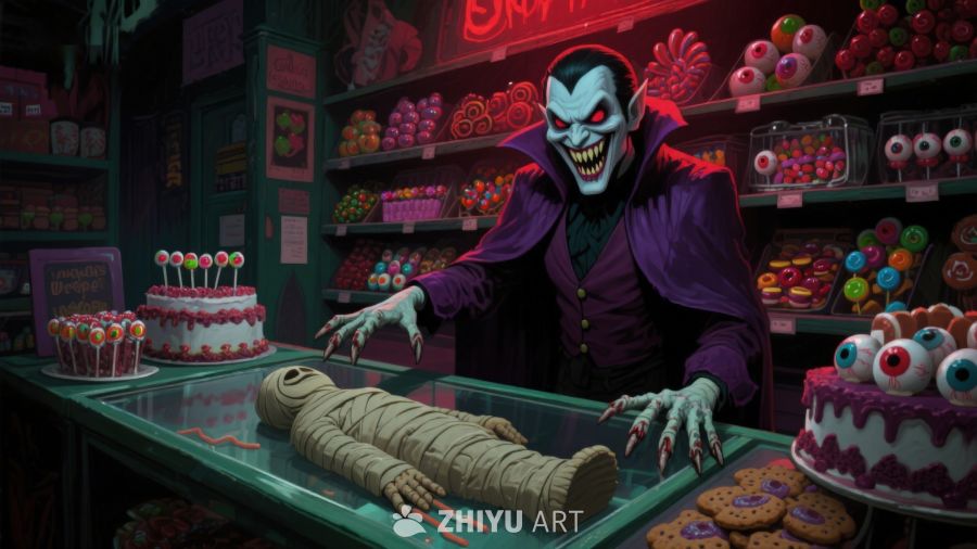 糖果店内诡异场景：恶魔与木乃伊