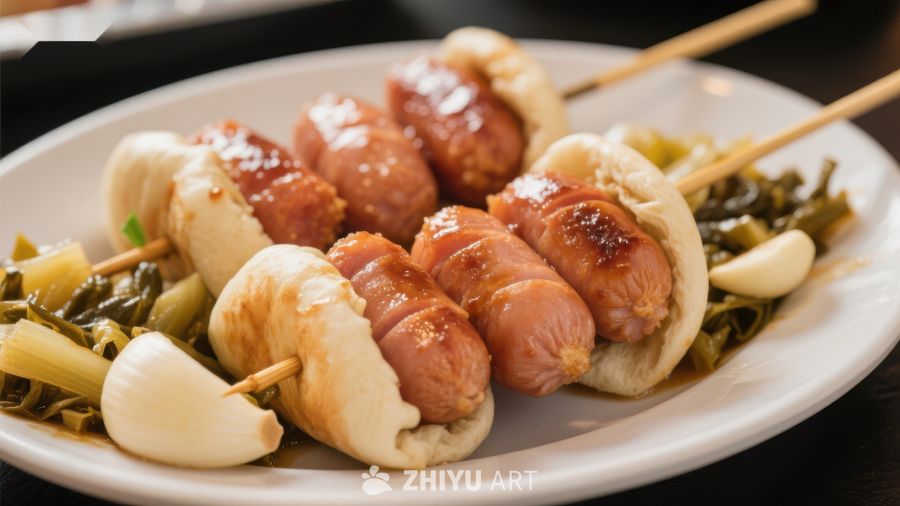 烤肠串配蒜瓣与青菜