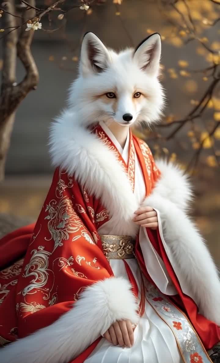 白狐身着金纹红白相间古装