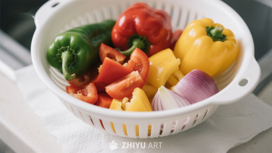 彩色蔬菜在滤水篮中