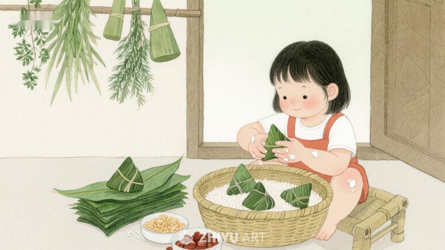 小女孩制作粽子的传统场景 399