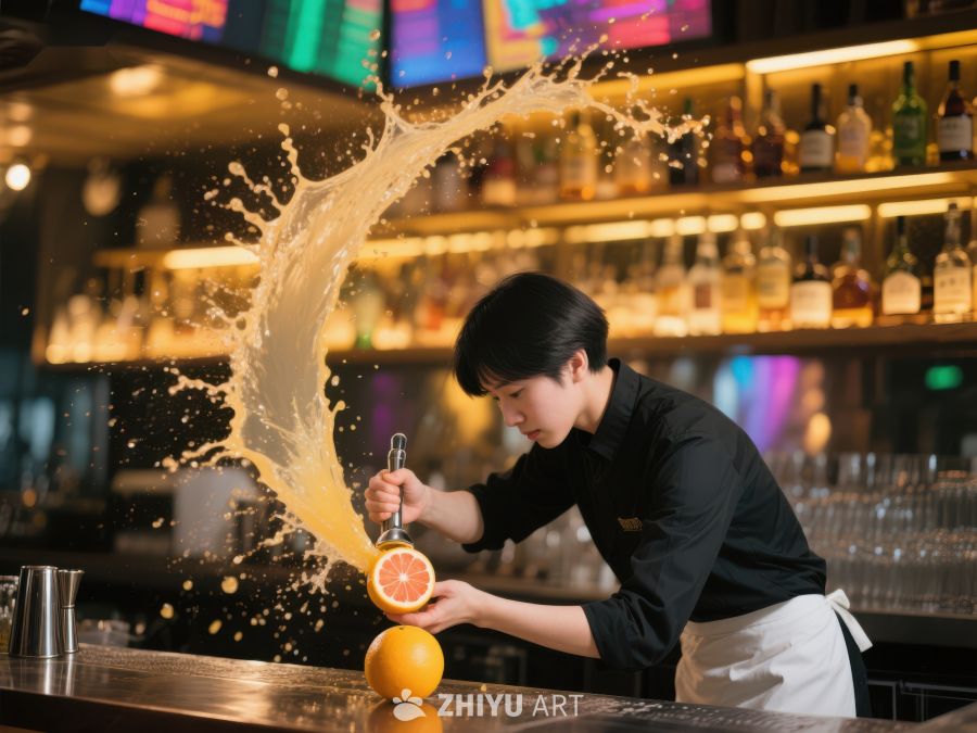 调酒师挤橙汁，液体飞溅瞬间 161