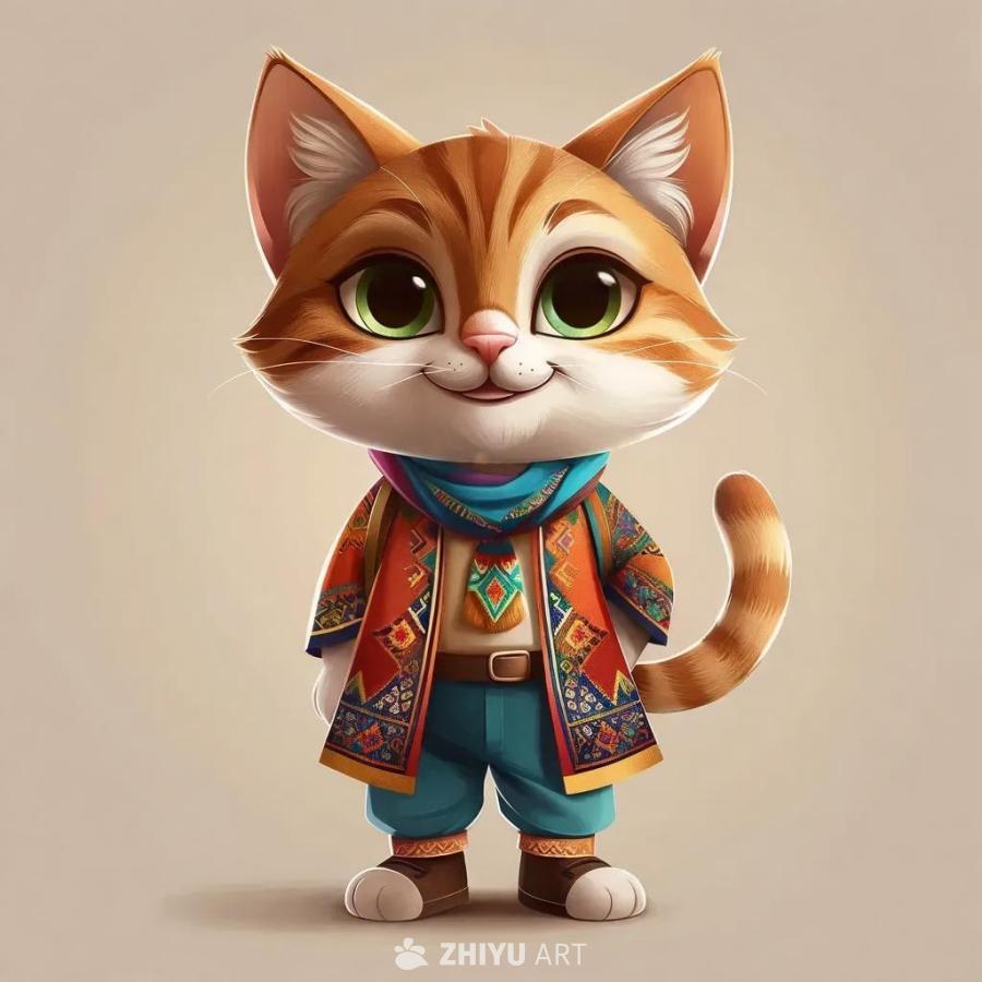 一只拟人化的猫吉祥物，站立姿势，表情温暖而开朗。它
