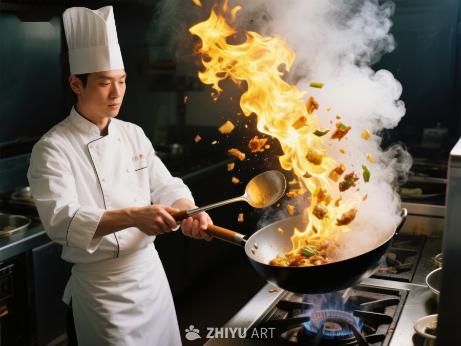 厨师翻炒食材，火焰四溅 96