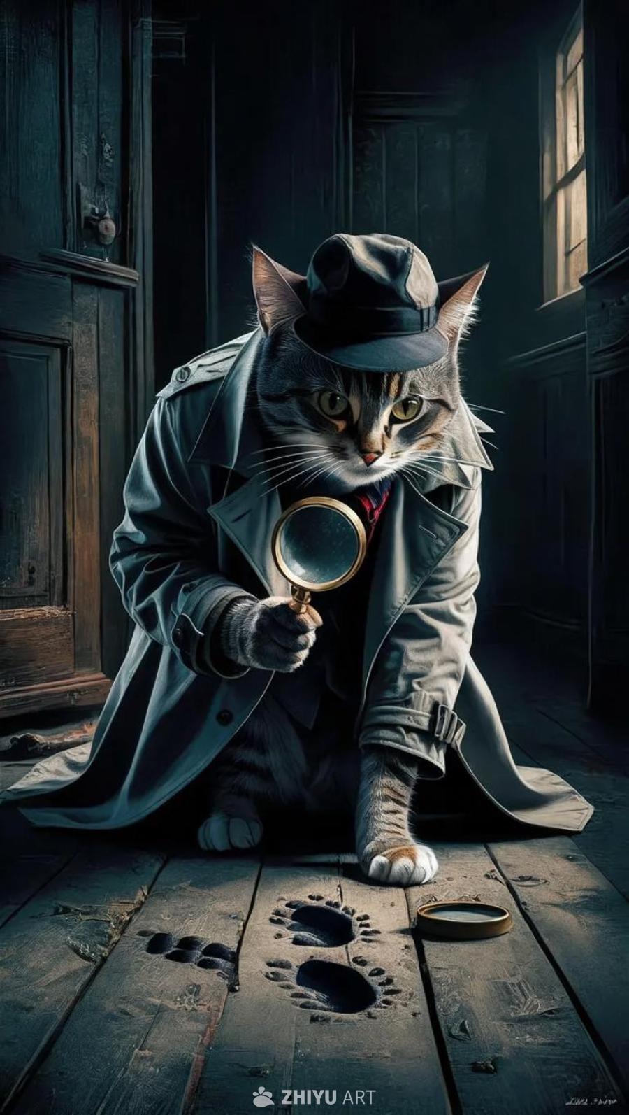 一只穿着风衣、头戴帽子的猫，手持放大镜，正在检查深
