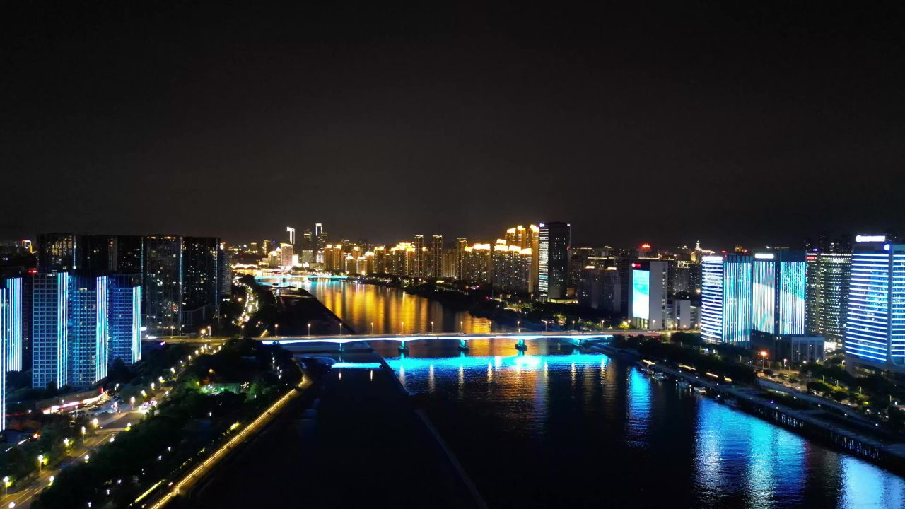 航拍福建福州闽江两岸夜景灯光