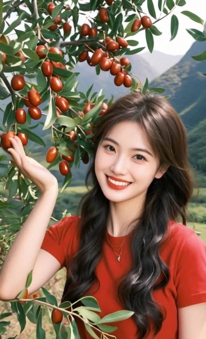 一位女性站在一棵结着红色果实的树旁。她穿着一件红色
