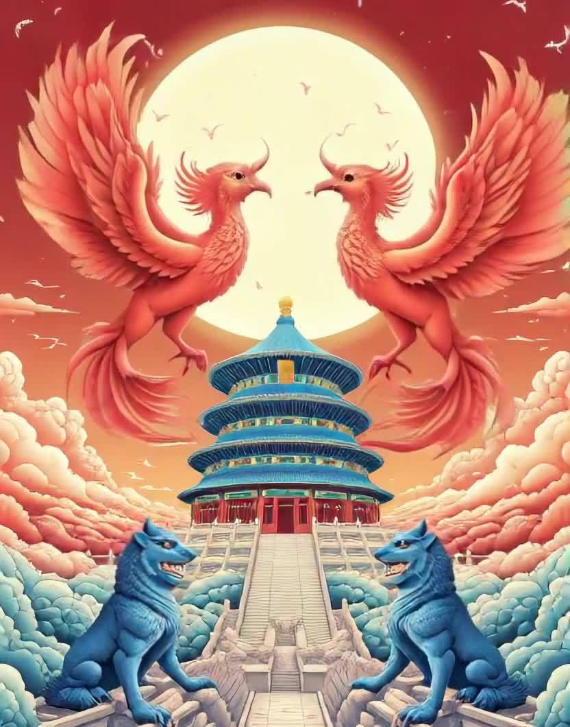 红凤凰对望，守护蓝殿，月下祥云满天。