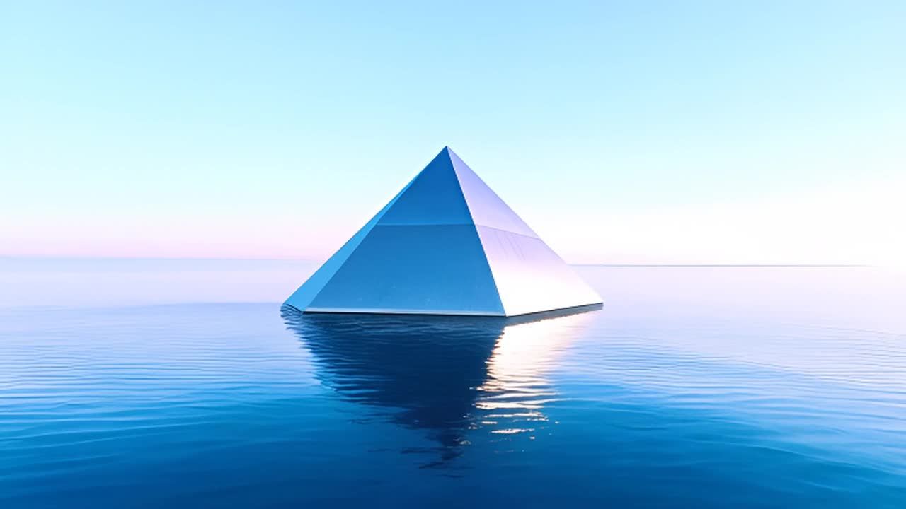 一个光滑的巨大金字塔漂浮在平静的海面上，金字塔表面