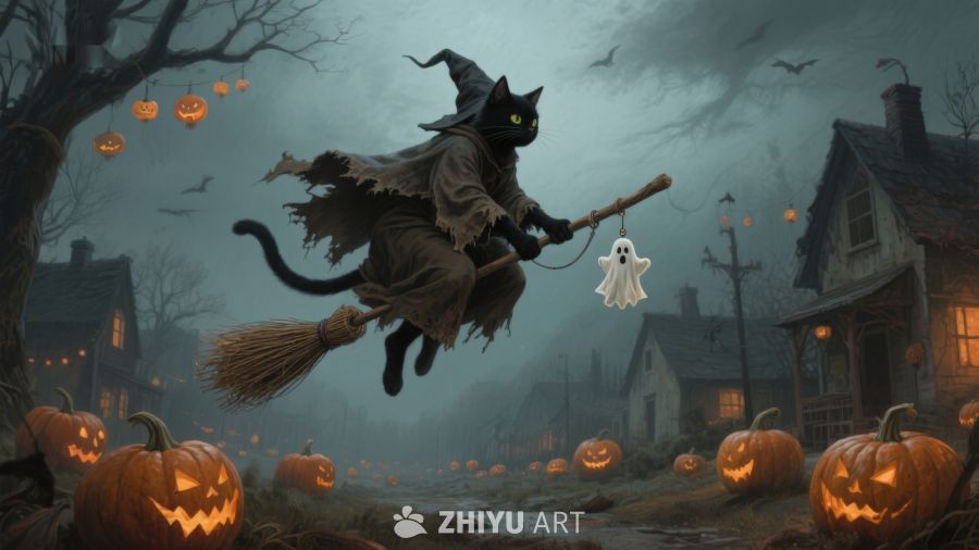 万圣夜飞行的猫巫师