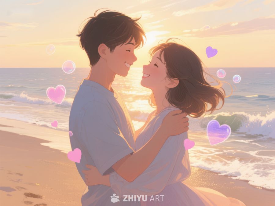 海边情侣拥抱，夕阳下的浪漫时刻 249