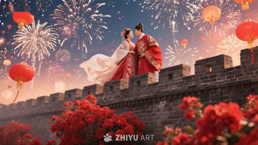 长城之上烟花璀璨，古装情侣共赏美景 1261