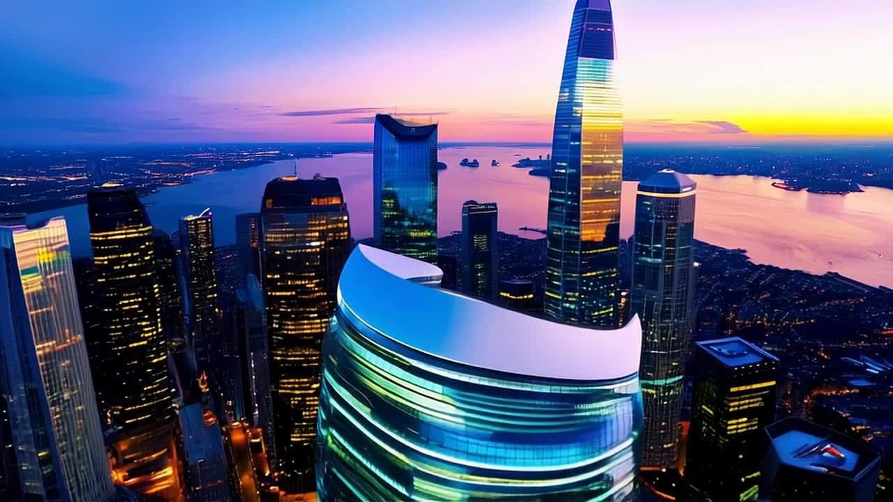 夜幕下的城市天际线，现代摩天大楼的窗户亮着灯光，五
