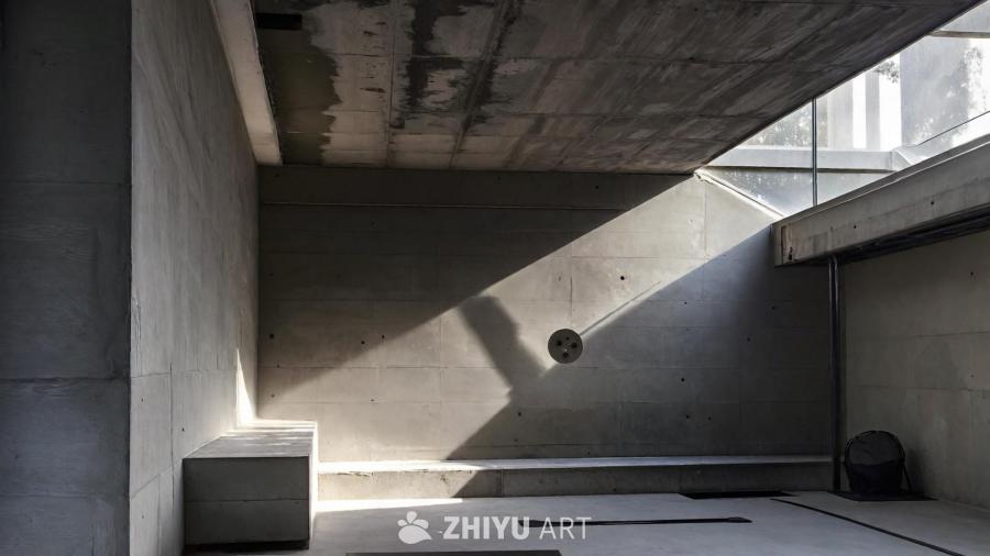 混凝土墙壁构成一个室内场景，展现粗犷的野兽派建筑风