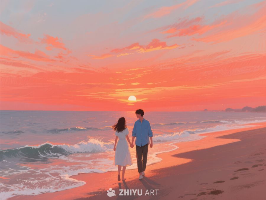 情侣海边漫步，夕阳映照浪漫时刻 522