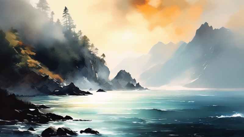 雾气缭绕水墨山水画简约风格 8