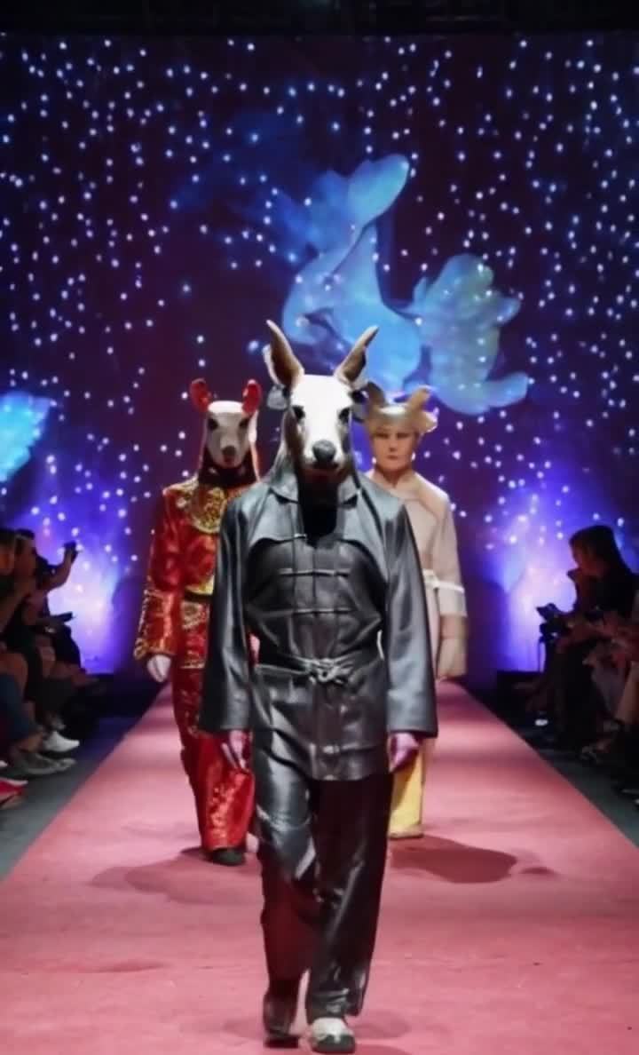 动物头套模特T台秀，服装色彩鲜艳夺目