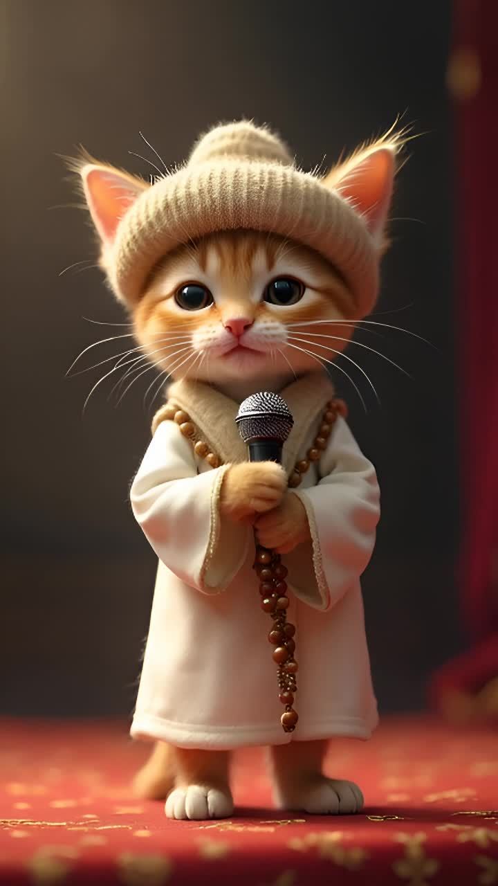 一只小猫站在舞台上，它很小，大概只有一个手指那么大